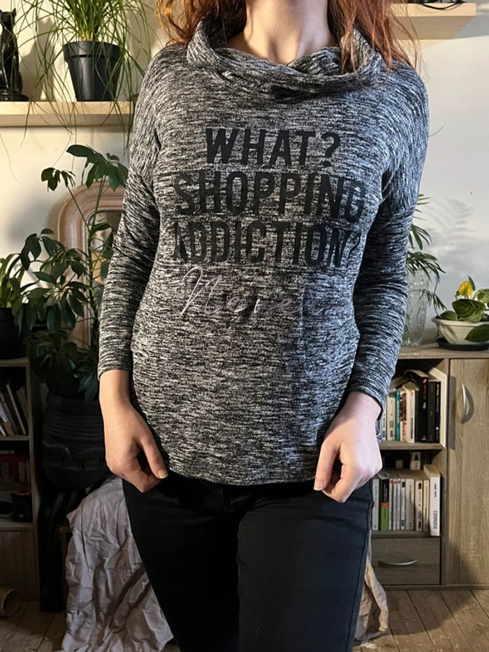 Haut sweat col roulé retombant imprimé - camaïeu de gris - photo numéro 3