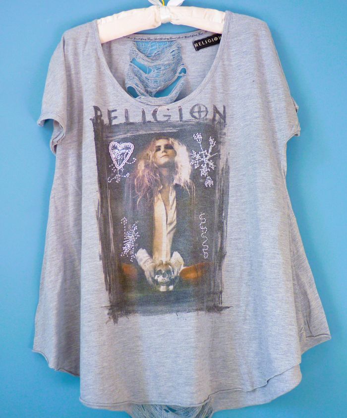 T-shirt Femme Religion S 36 Gris TBE style Rock manches courtes