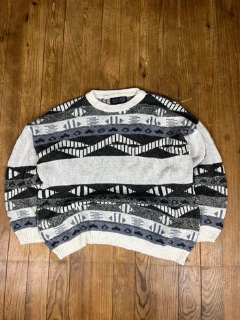 Pull maille vintage laine motifs rayures multicolore XL