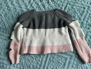 Pull tricolore en maille - gris, blanc cassé et rose poudré