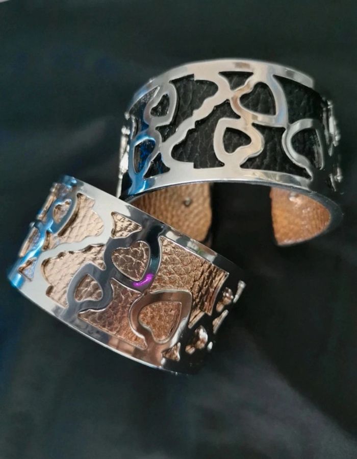 A13 bracelet jonc acier inoxydable cuir reversible ajustable noire doré