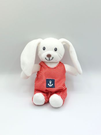Peluche doudou lapin marin blanc LES PETITS CŒURS A LA MER salopette rouge ancre