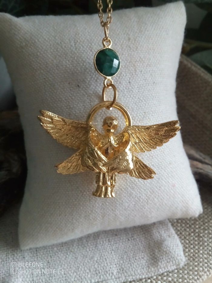Collier ange ailé et pierre d'émeraude naturelle brute + carte - photo numéro 2