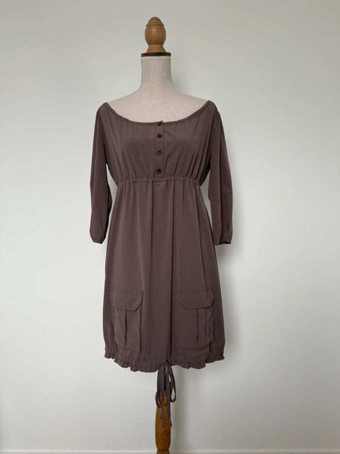 Robe manches longues fluide léger tunique taupe gris Kleid dress Vestido Vestito jurk jumpsuit femme - photo numéro 3