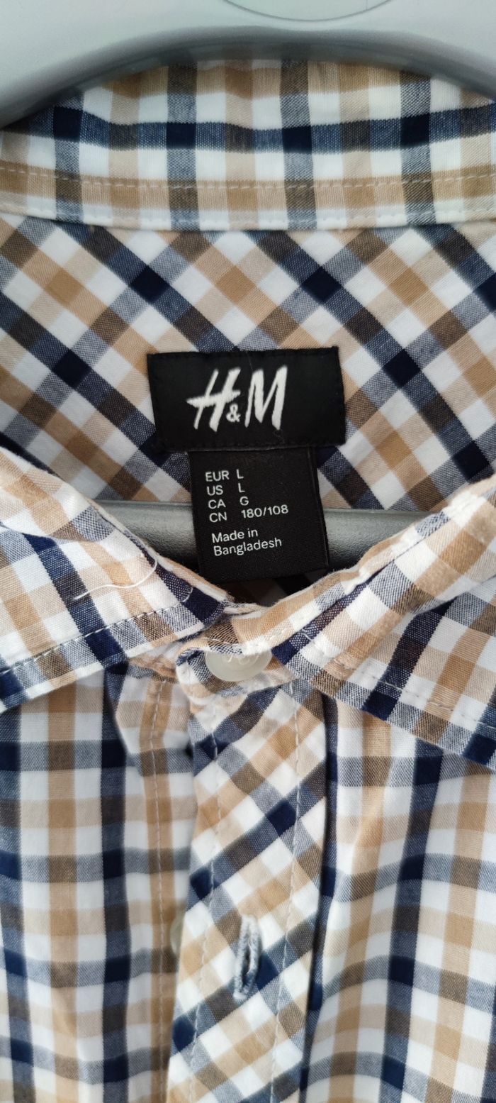 Chemise à manches courtes pour homme taille L marque H&M couleur bleu et marron à carreau - photo numéro 3