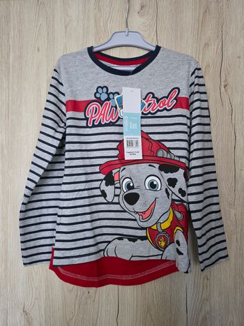 TEE-SHIRT GARÇON 👦 MARCUS PAW PATROL BLEU MARINE/GRIS NEUF ÉTIQUETTE DESSUS 6ANS