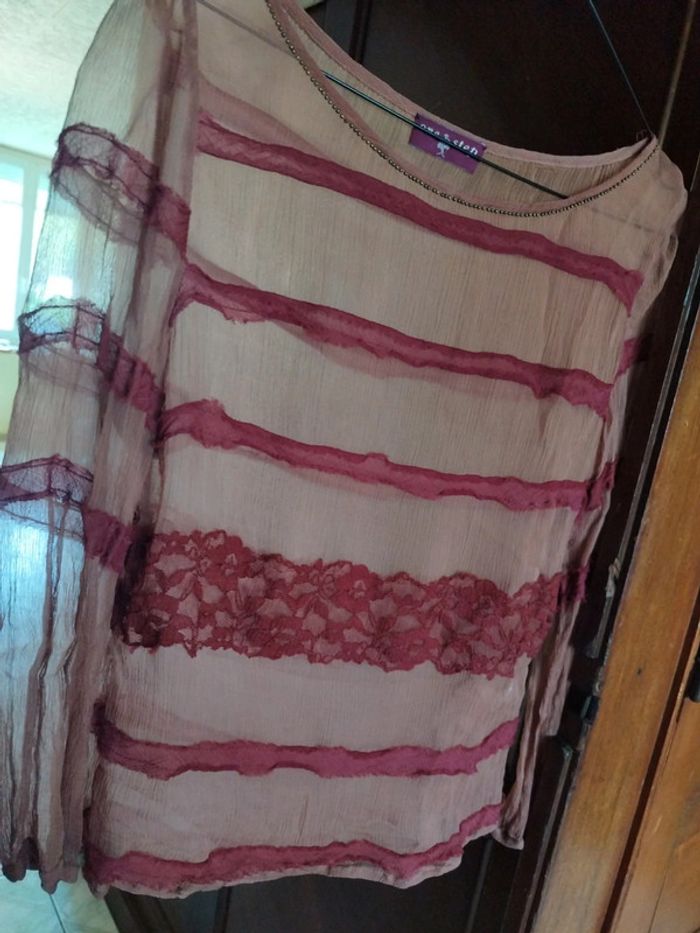 Top blouse rose dentelle col perles vintage M/38 - photo numéro 6