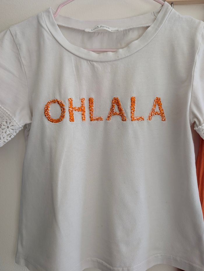 Ensemble tee-shirt manches courtes et pantalon fluide blanc et orange lila rose 4 ans - photo numéro 2