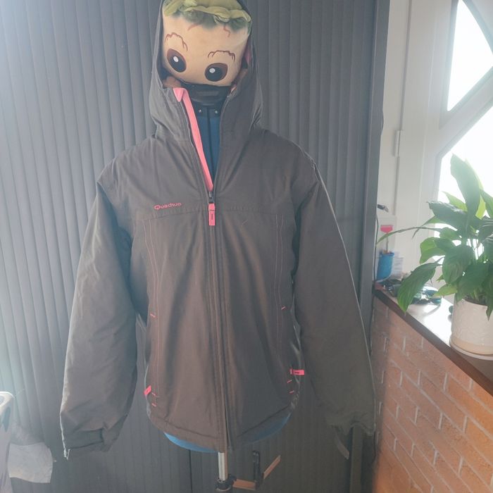 Manteau quechua 14 ans xs 34 marron avec capuche doublure polaire rose
