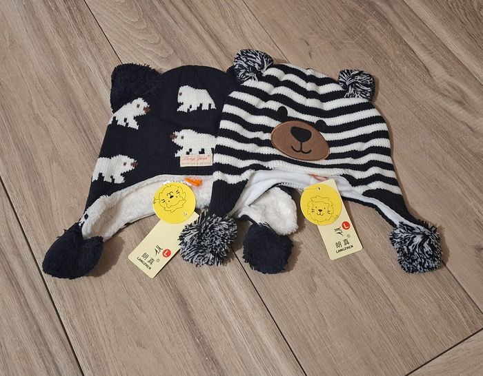 Lot 2 bonnet enfant Mixte hiver ours bleu marine blanc