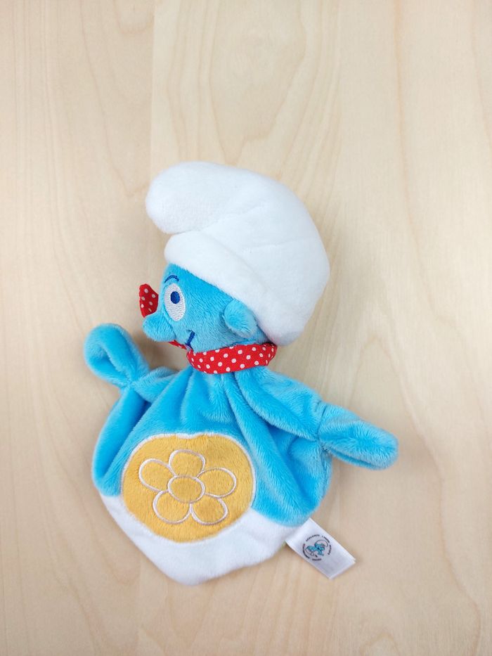 Doudou plat hochet schtroumpf JEMINI fleur jaune bleu vert écharpe rouge pois - photo numéro 4