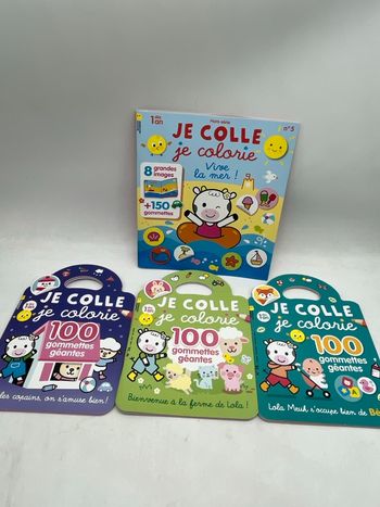 Lot de 4 livres d’activités Magazine Je colle je colorie Avec 100 gommettes géantes imagier neuf avec Lola meuh