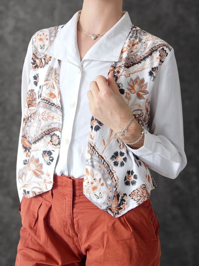 Chemise blanc veston gris orange fleur Paisley 2 en 1 Vintage / C&A New Fast - 38/M à 40L - photo numéro 5