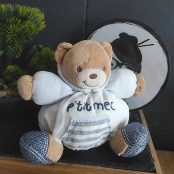 Doudou Peluche ours boule P'tit mec blanc bleu jean Kaloo capuche Blanc Rayures 2012