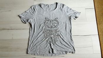 Vêtement femme tee-shirt manches courtes gris motif chouette brillante Canda taille L