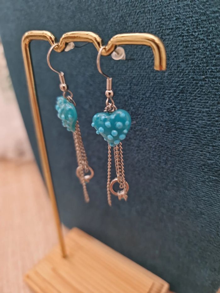 Boucles D'oreilles Argentées Fraise Bleu Bague Argenté Strass - photo numéro 7