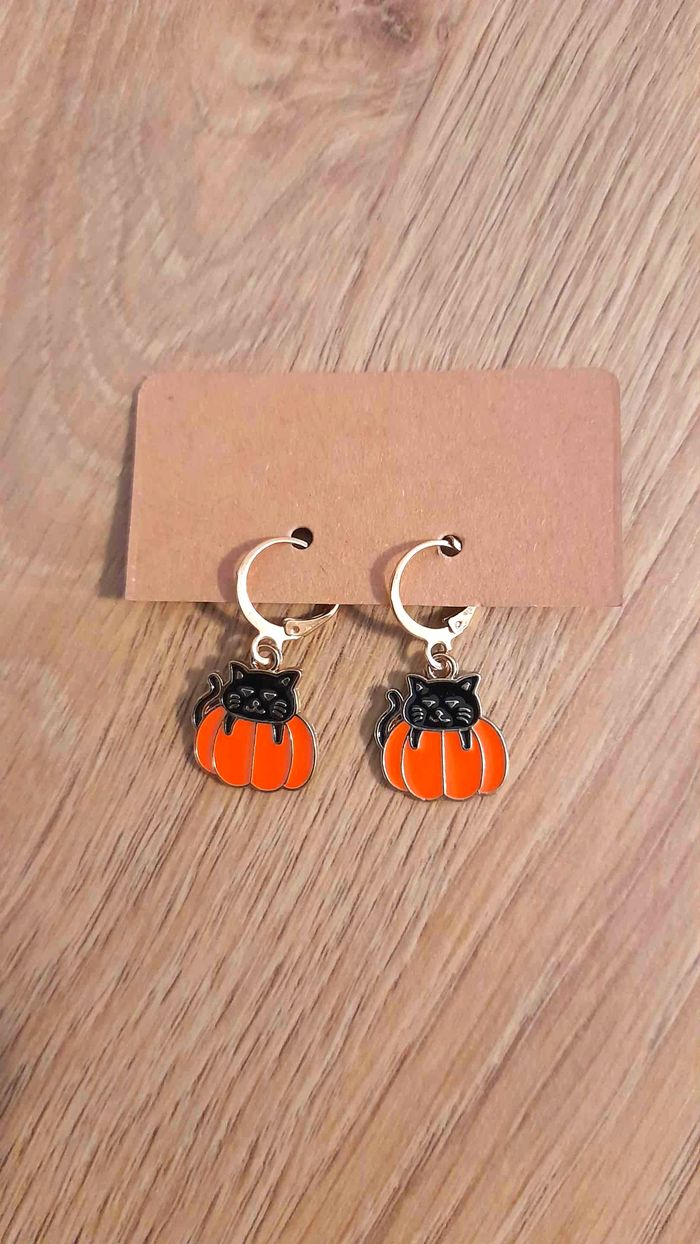 🎃 Boucles d’Oreilles Halloween Chat Noir & Citrouille 🎃 - photo numéro 2