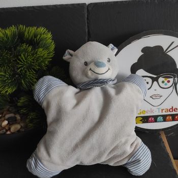 Doudou Peluche Ours Bout'chou Monoprix Gris Rayure Bleu Marine Semi Plat Grelot #geektradedoudou