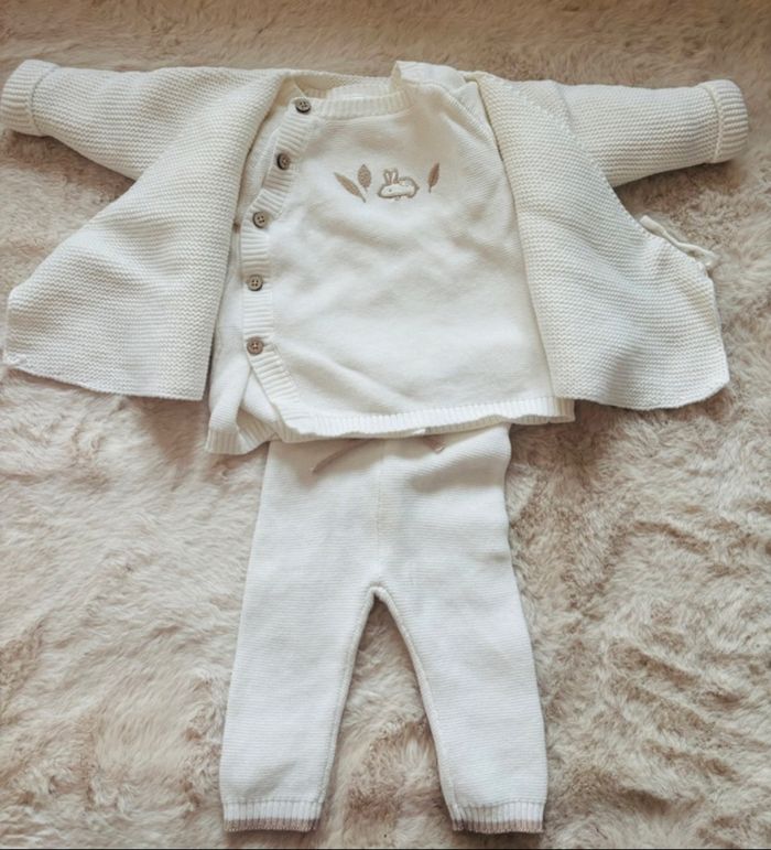 Ensemble mixte 3 pièces en tricot point mousse pour bébé taille 3 mois - photo numéro 4