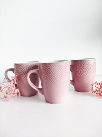 Lot de 3 Mugs Céramique Vieux Rose Motif Géométrique - 300ml