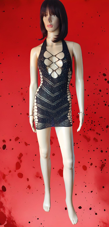 Robe sexy résille ajourée, noire et strass - Taille unique S/M