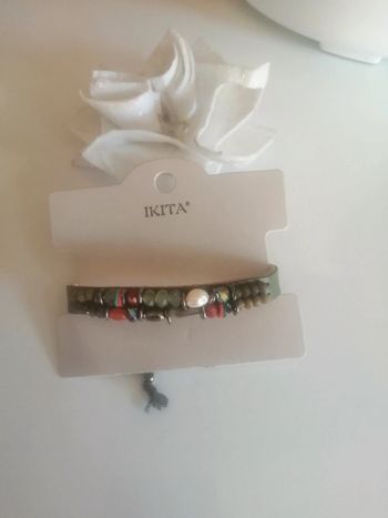 🌸Bracelet cuir kaki ajustable aux perles et pierres "Ikita" Neuf 🌸