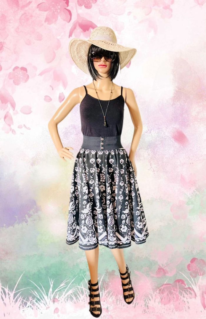 🖤🌿Jupe volante vintage fleurie baroque floral black white mid-length skirt🌿🖤 - photo numéro 3