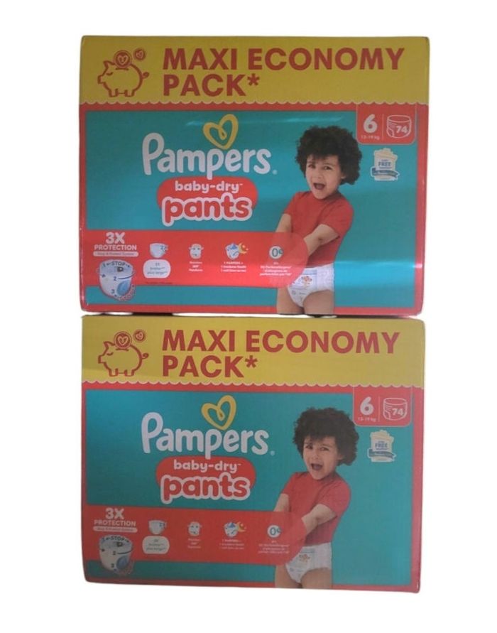 Lot de 2 cartons de couches culottes PAMPERS Baby-dry Taille 6