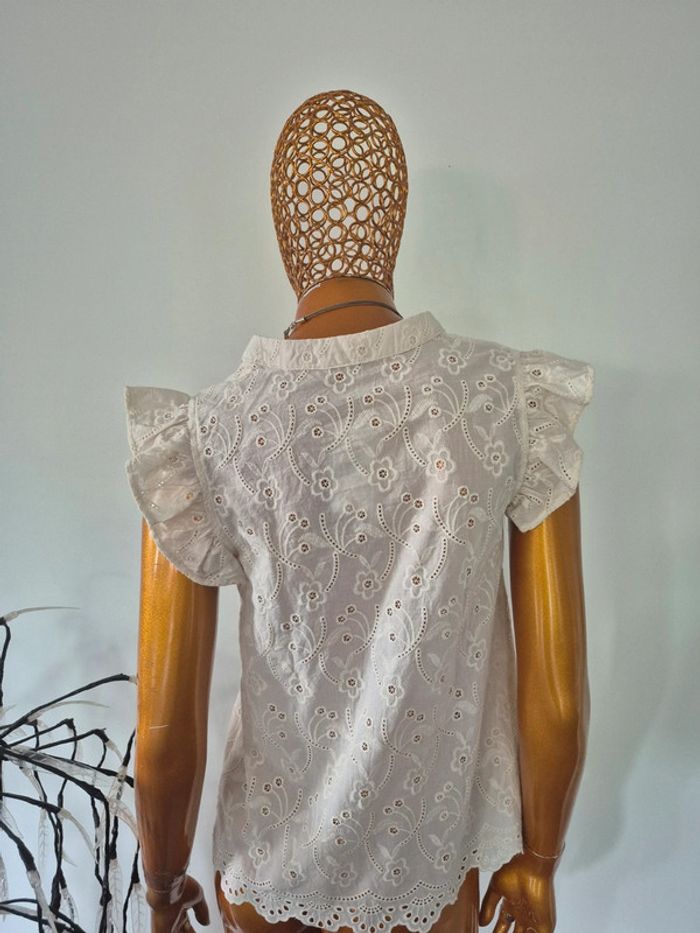 Blouse en Dentelle Manches Courtes Femme Crème Taille S/36 - photo numéro 2