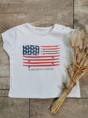 🌺Très joli Teeshirt 6/9mois 100% coton blanc rouge bleu surf bebe garçon