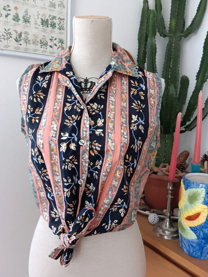 Chemise vintage Crop top à nouer imprimé fleurs multicolores - photo numéro 2
