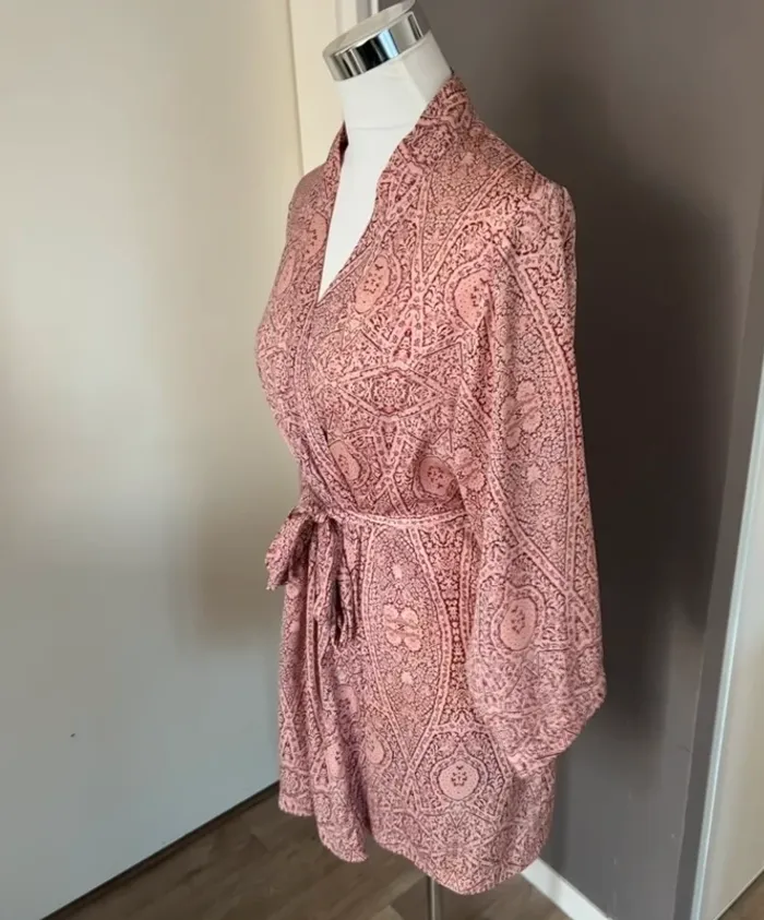 Etam ensemble pantalon + kimono /peignoir satin rose - photo numéro 10