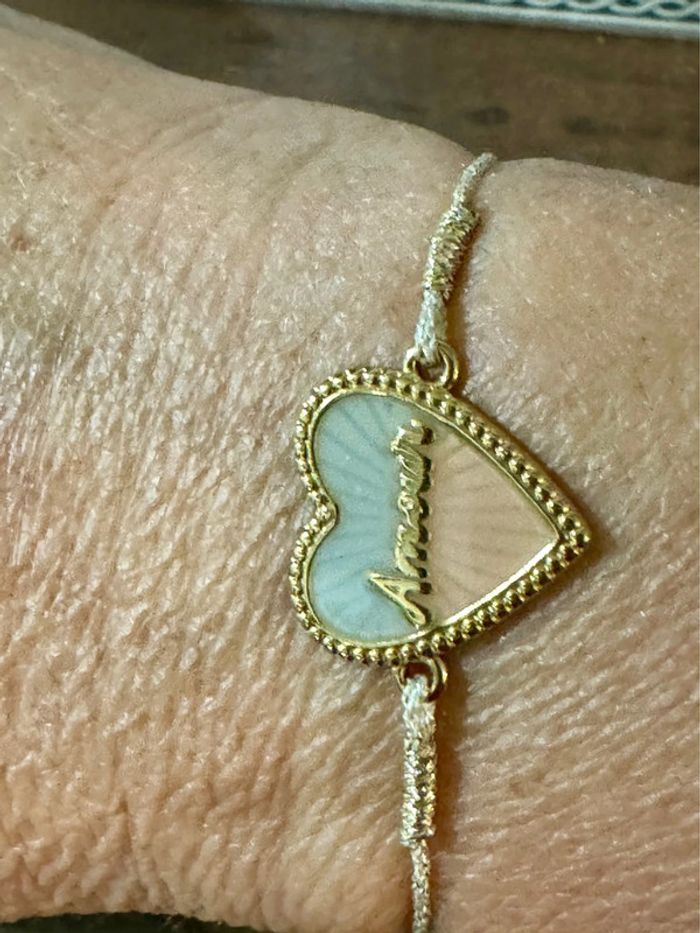 Bracelet réglable cordon doré cœur résine ciel et nude acier inoxydable or - photo numéro 2