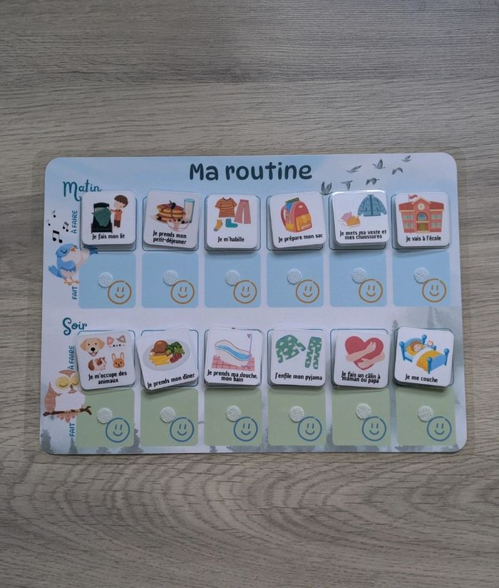 Tableau de routine enfant matin et soir oiseau chouette, 30 vignettes