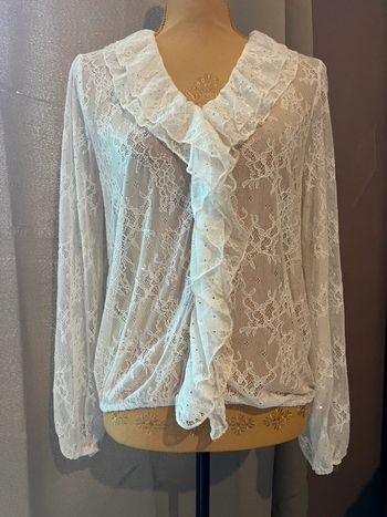 Blouse dentelle beige ecru transparente à paillettes cache cache XL