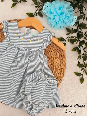 🌸 Robe à rayures + bloomer + bandeau Obaïbi, 3 mois