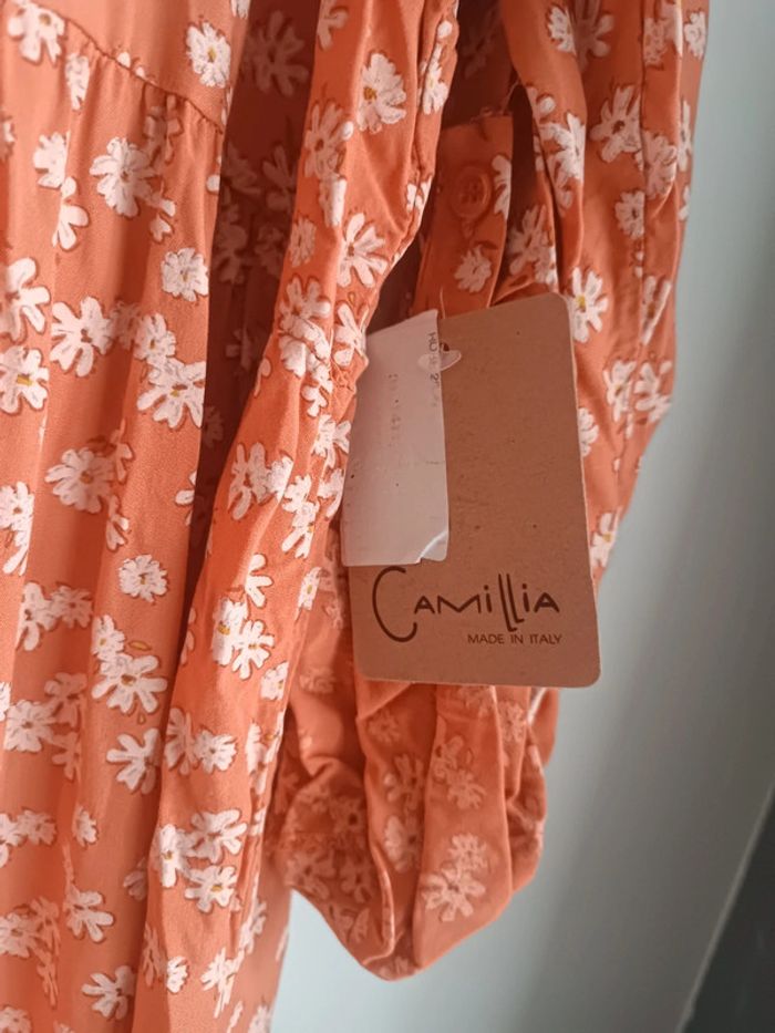 Robe chemisier fleurie saumon corail Taille Unique Camillia Neuf avec étiquette - photo numéro 3