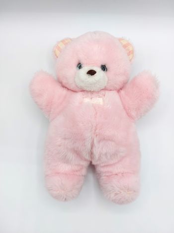 Ancien doudou peluche ours rose TARTINE ET CHOCOLAT VINTAGE 30 cm yeux bleus dur rayures
