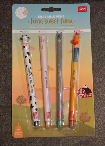 Lot de 4 Bics LEGAMI  effaçables thème "la ferme " couleur : noire, rose, verte et rouge.