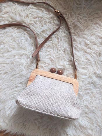 Petit sac à main bandoulière beige avec empiècement bois  La Trioka Éloïse  TBE 👜