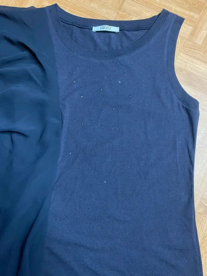 Débardeur Liu Jo bleu marine asymétrique perles strass taille S vintage chic - photo numéro 3