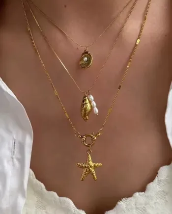 Set 3 colliers dorés pendentifs coquillage perle étoile de mer acier inoxydable – Neuf