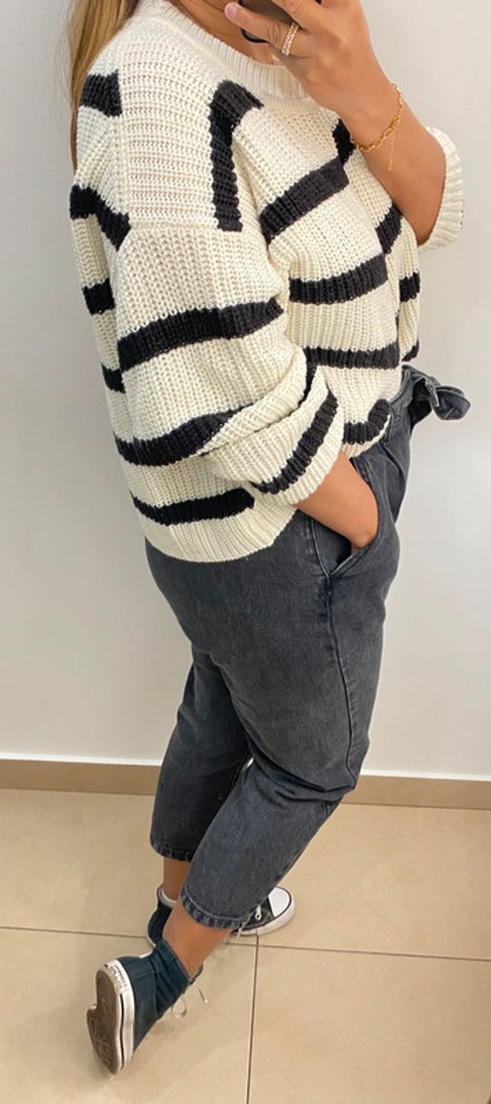 Superbe Pull Ample Crème A Rayures Taille M Et Plus - photo numéro 7