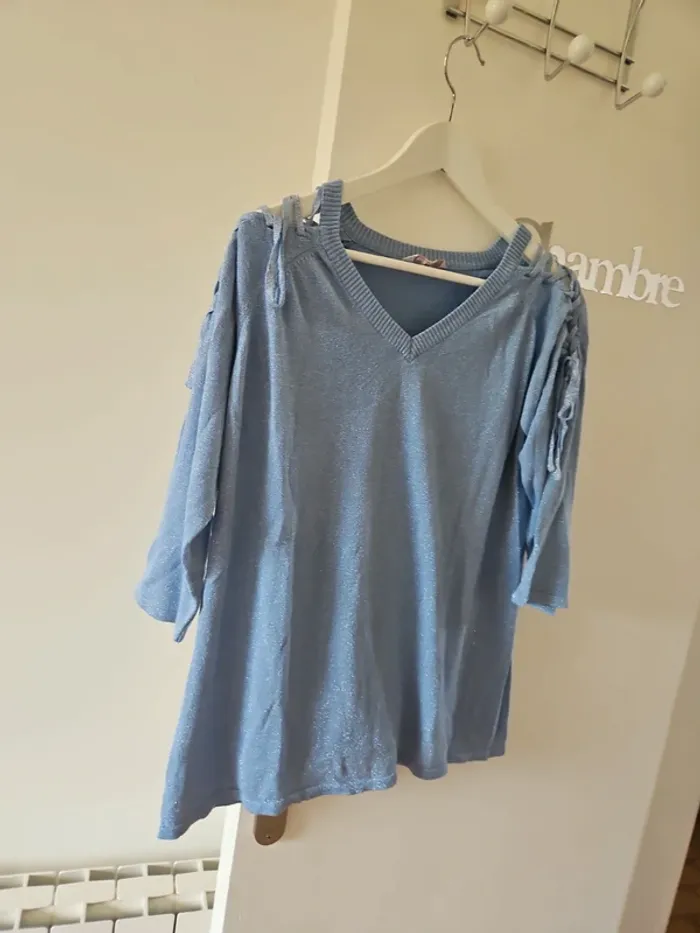 Pull bleu pailletté manches 3/4 - photo numéro 7