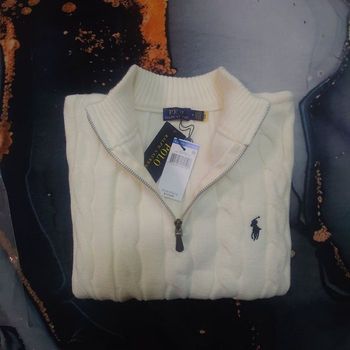 Half zip Ralph Lauren blanc taille M 1/4 col camionneur torsadé logo brodé noir 