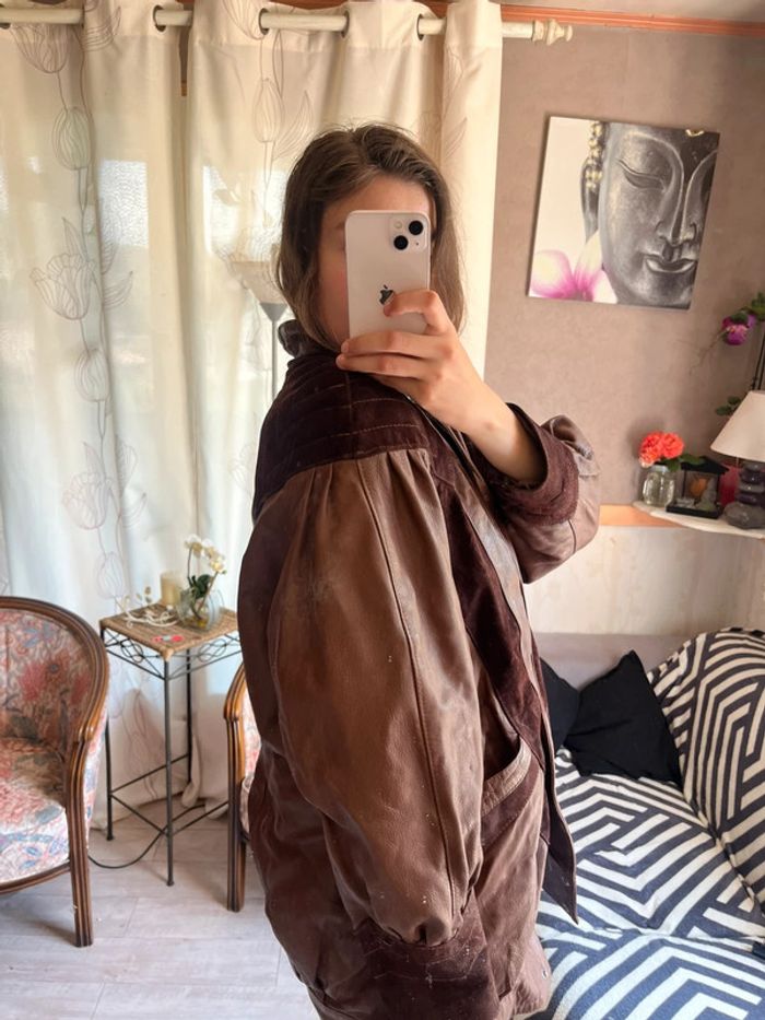 Veste bomber en cuir vintage daim motard moto bomber bombardier - photo numéro 3