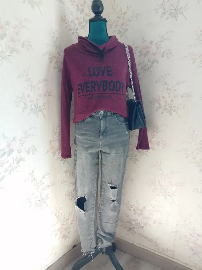 Jeans skinny high waist gris troué avec effet déchiré aux chevilles / jennyfer / (40)