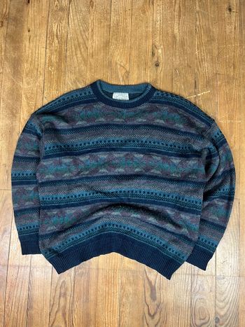 Pull vintage maille laine motifs rayures multicolore Made in Canada XL