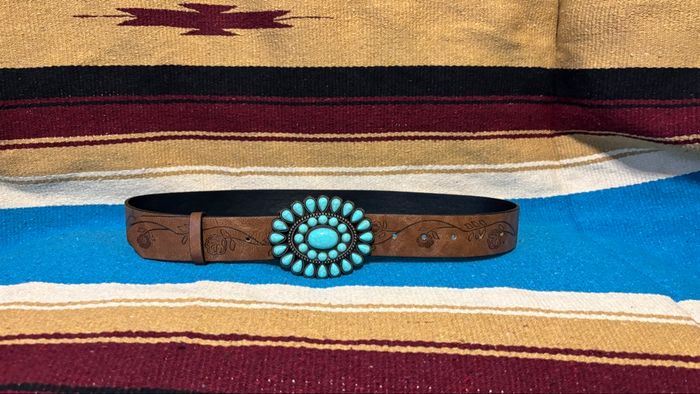 Ceinture neuve femme marron boucle turquoise style western amérindien bohème chic taille M 110 cm - photo numéro 4
