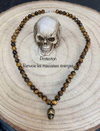Collier homme œil de tigre et tête de mort 54 cm , lithothérapie